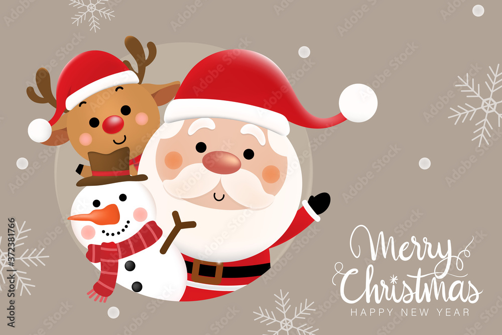 Merry Christmas and happy new year 2021 greeting card with cute Santa Claus, deer and snowman. Holiday cartoon character in winter season. -Vector. Merry Christmas and happy new year 2021 greeting card with cute Santa Claus, deer and snowman. Holiday cartoon character in winter season. -Vector.