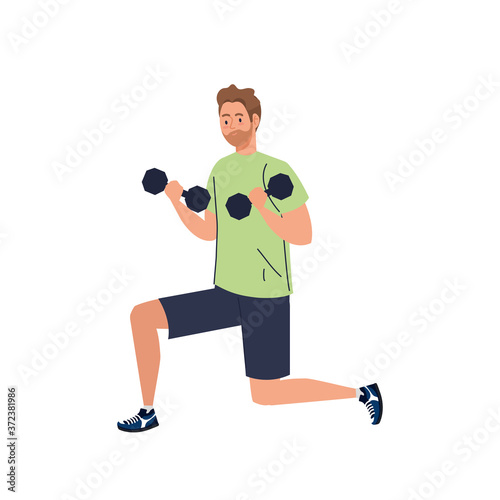 man doing exercises with dumbbells, recreation exercise sport vector illustration design