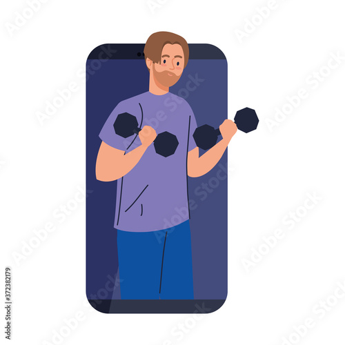fitness, training and workout app, man with dumbbells in smartphone, online sport vector illustration design