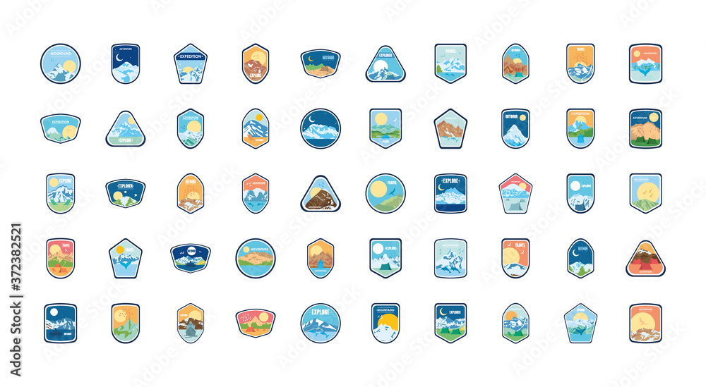 mountains insignia badges icon set, flat style