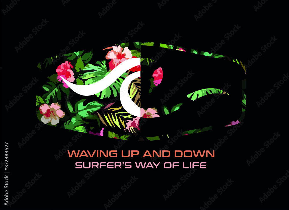 Vector colorful illustration of wave in graphic style with floral background.