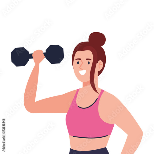 young woman doing exercises with dumbbell, sport recreation exercise vector illustration design
