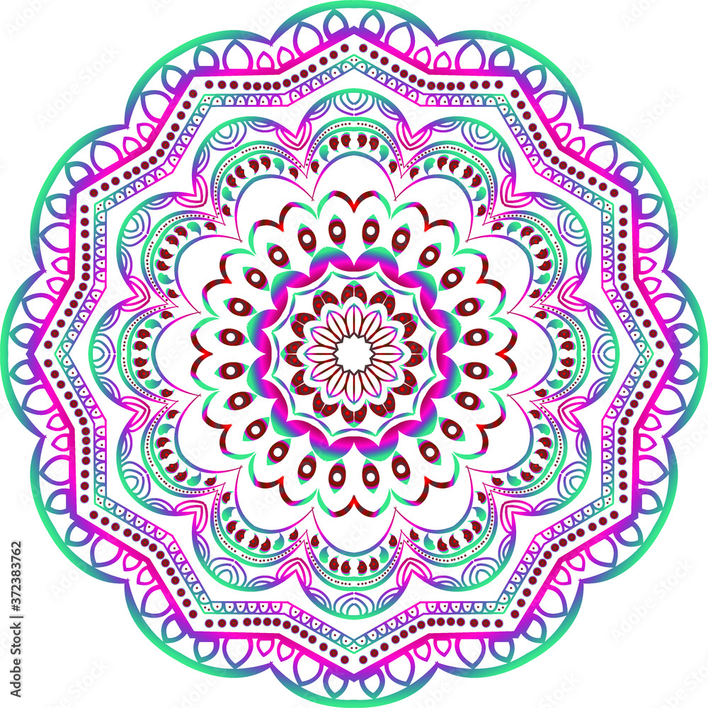 Round gradient mandala on white isolated background. Vector illustration,multi-colors. Mandala with floral patterns
