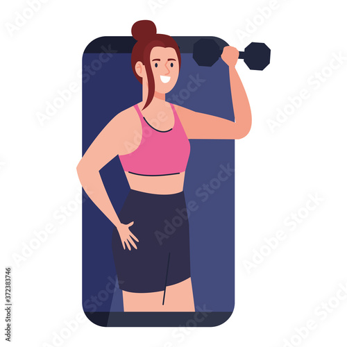 fitness, training and workout app, woman with dumbbell in smartphone, sport online vector illustration design