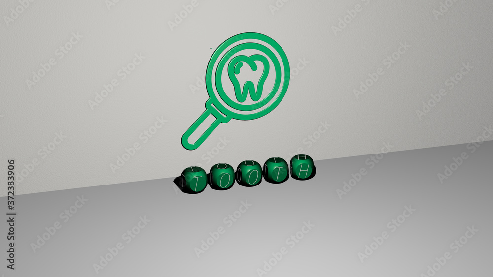 tooth 3D icon on the wall and text of cubic alphabets on the floor, 3D