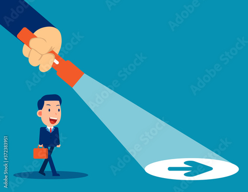 Business leader flashlight uncovering hidden arrow sign