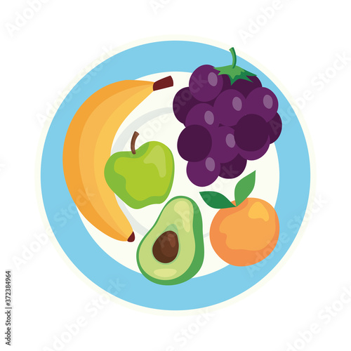 fresh fruits and avocado on dish  in white background vector illustration design