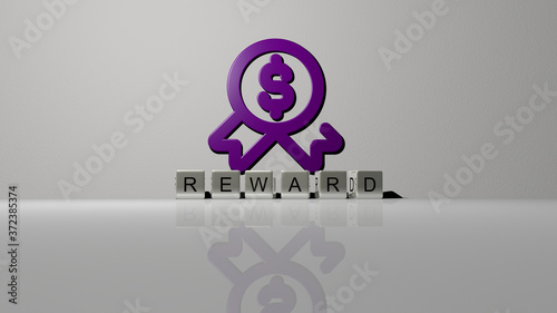 reward text of cubic dice letters on the floor and 3D icon on the wall, 3D illustration for award and background