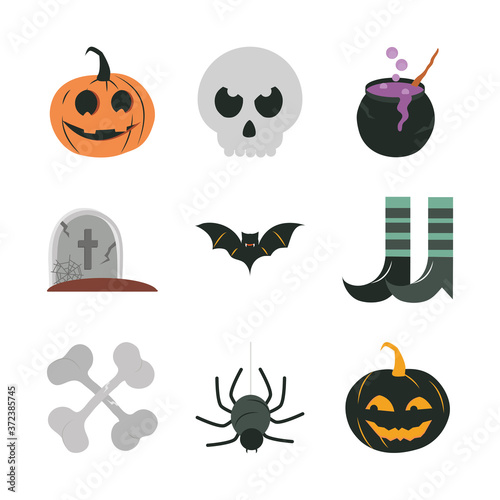 happy halloween, trick or treat party celebration pumpkin skull cauldron bat bone spider flat icons set