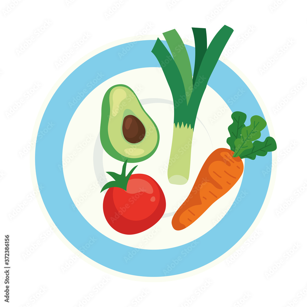 Plakat fresh and healthy vegetables on dish, in white background vector illustration design