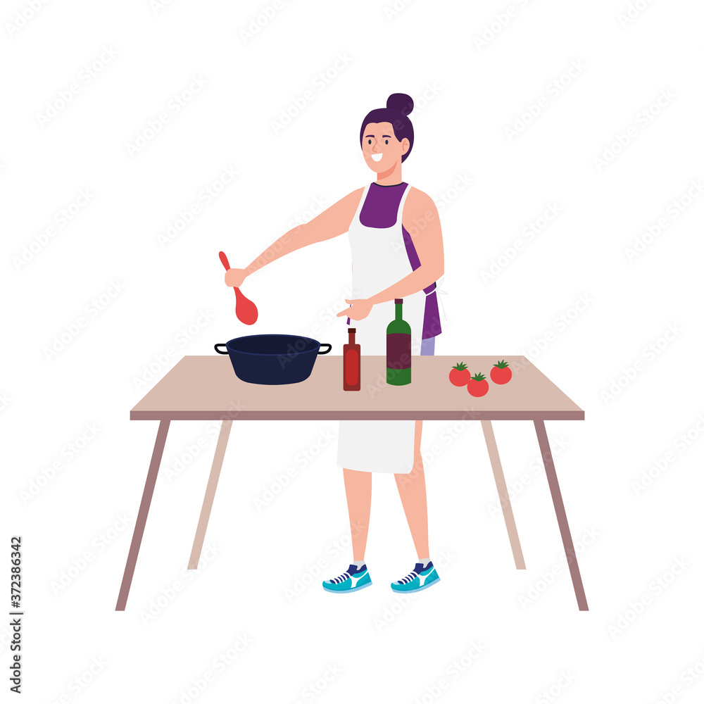woman cooking using apron with wooden table, on white background vector illustration design woman cooking using apron with wooden table, on white background vector illustration design