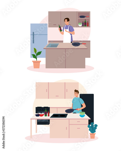 set scenes of men cooking in the house scene vector illustration design