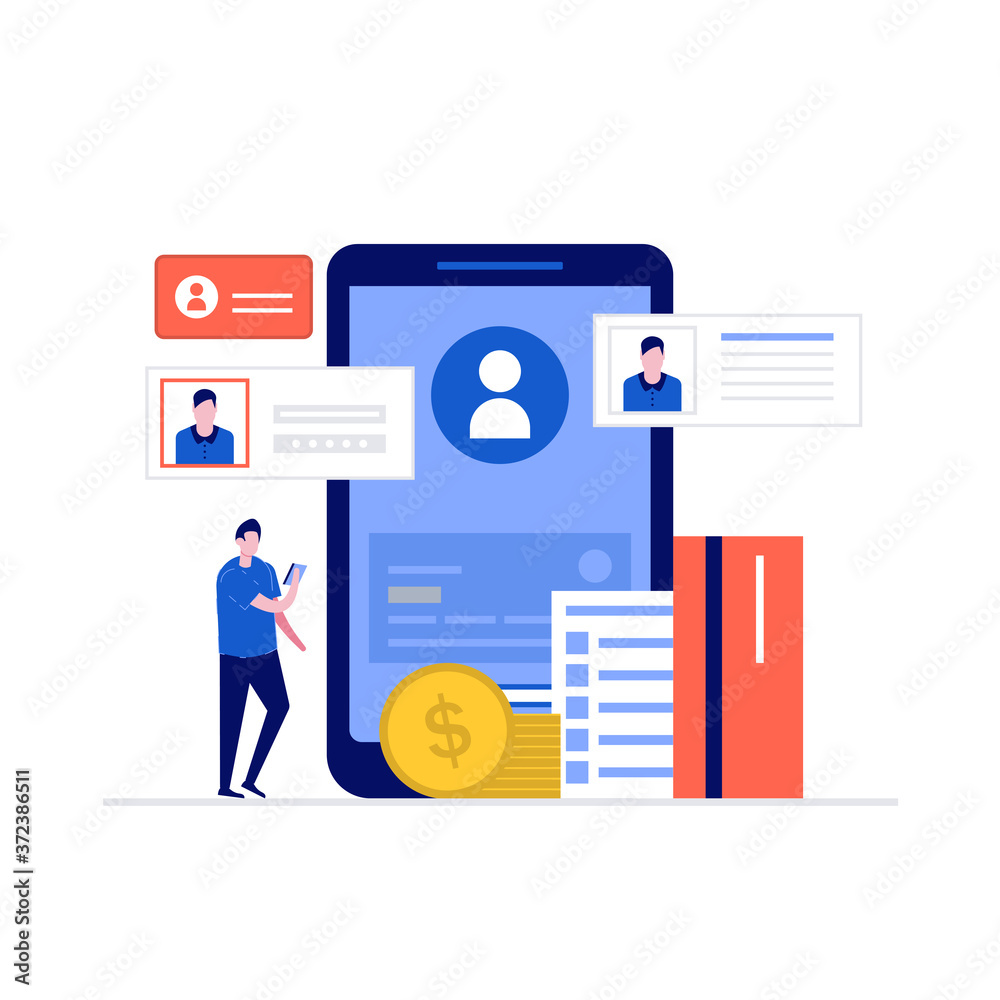 Mobile banking concept with characters, smartphone, credit card, coin ...