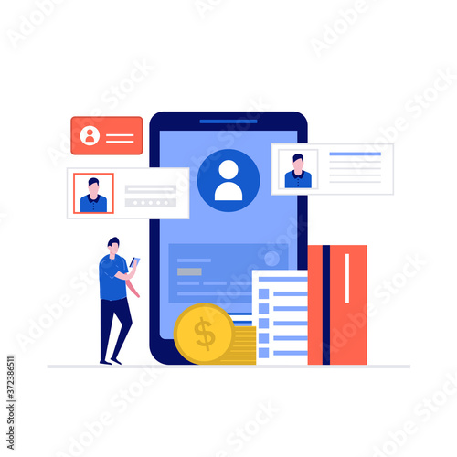Mobile banking concept with characters, smartphone, credit card, coin. Modern vector illustration in flat style for landing page, mobile app, poster, template, web banner, infographics, hero images