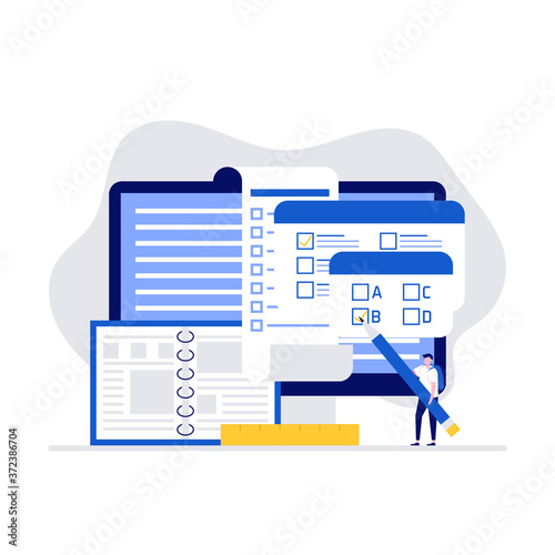 Online examination platform vector illustration concept with big computer and test site. Modern vector illustration in flat style for landing page, mobile app, web banner, infographics, hero images