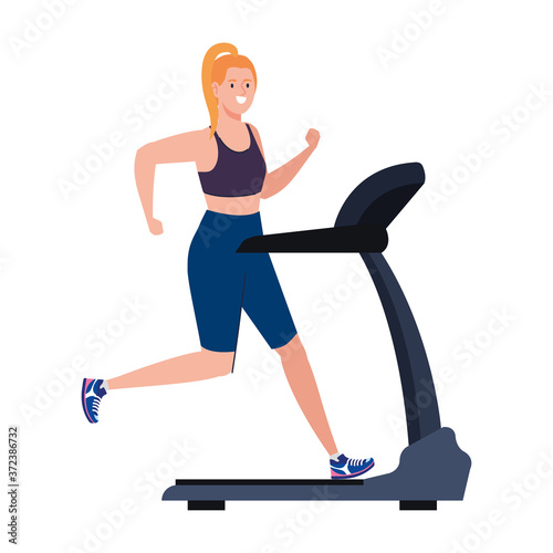 sport, woman running on treadmill, sport person at the electrical training machine on white background vector illustration design