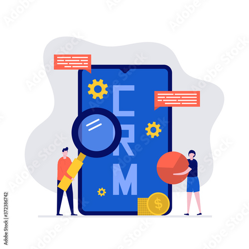 Smartphone CRM app concept with characters. Customer relationship management. Modern vector illustration in flat style for landing page, mobile app, template, web banner, infographics, hero images