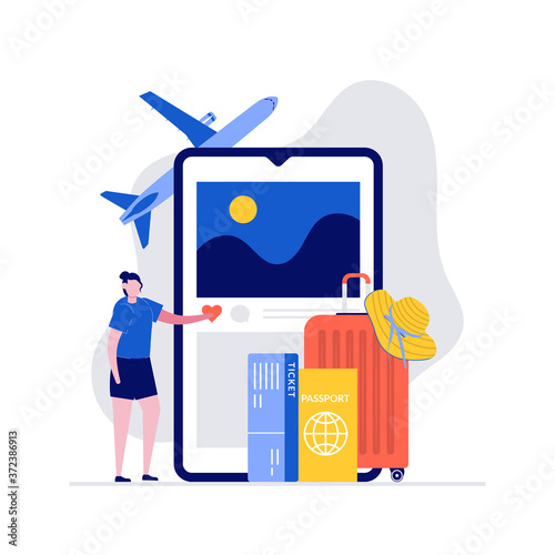 Travel and summer vacation vector illustration concept with packed luggage and big smartphone. Modern vector illustration in flat style for landing page, mobile app, web banner, hero images