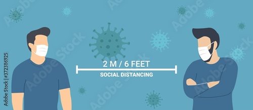 man character wearing face mask maintain social distancing to prevent virus spreading and flu prevention, coronavirus, social isolation, self quarantine