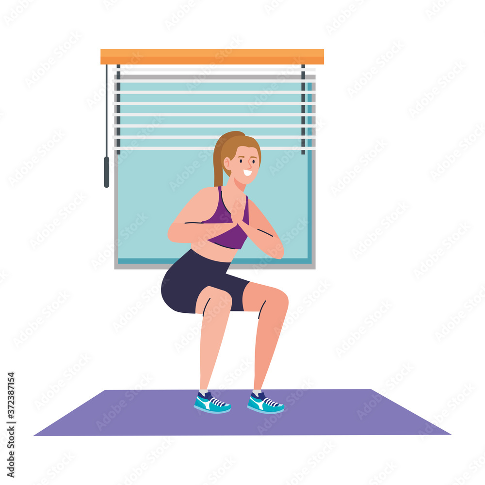 Fototapeta premium woman doing squats in the house, sport recreation exercise vector illustration design