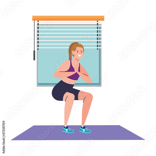 woman doing squats in the house, sport recreation exercise vector illustration design