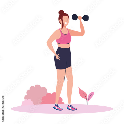 woman doing exercises with dumbbell outdoor, sport recreation exercise vector illustration design