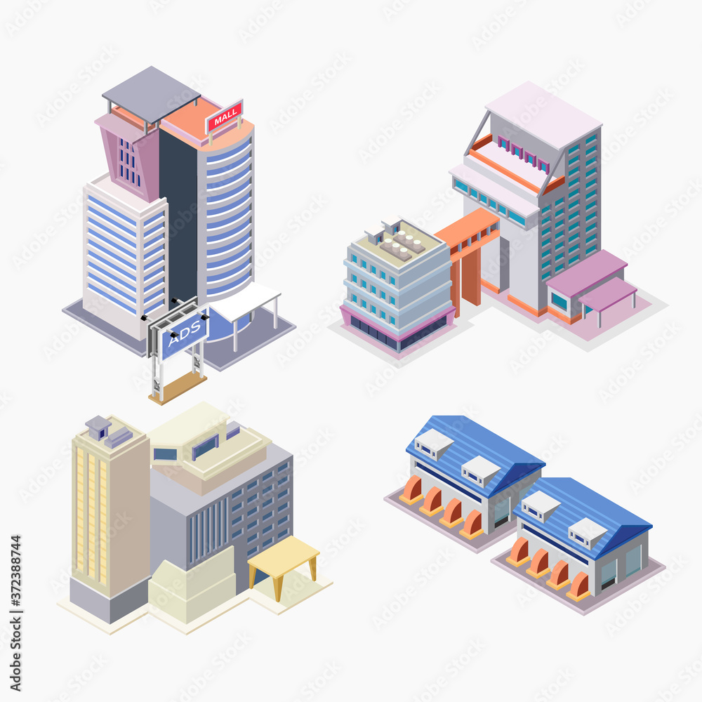 Isometric vector illustration of various models of skyscrapers in modern big cities. Perfect for design elements from urban infographics, apartment promotions, city layouts. Architectural isometric.