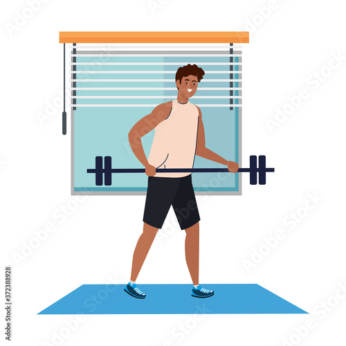 man afro with weight bar in the house, exercise sport recreation vector illustration design