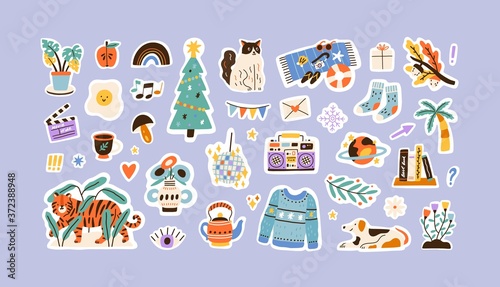 Set of colorful hand drawn stickers vector flat illustration. Collection of different decoration for weekly or daily planner and diaries isolated. Funny signs, symbols, objects and image templates