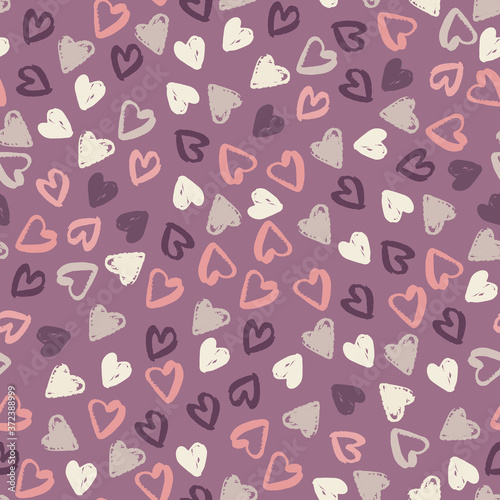Little heart contoured silhouettes seamless pattern. Love print with valentine theme. Purple background.