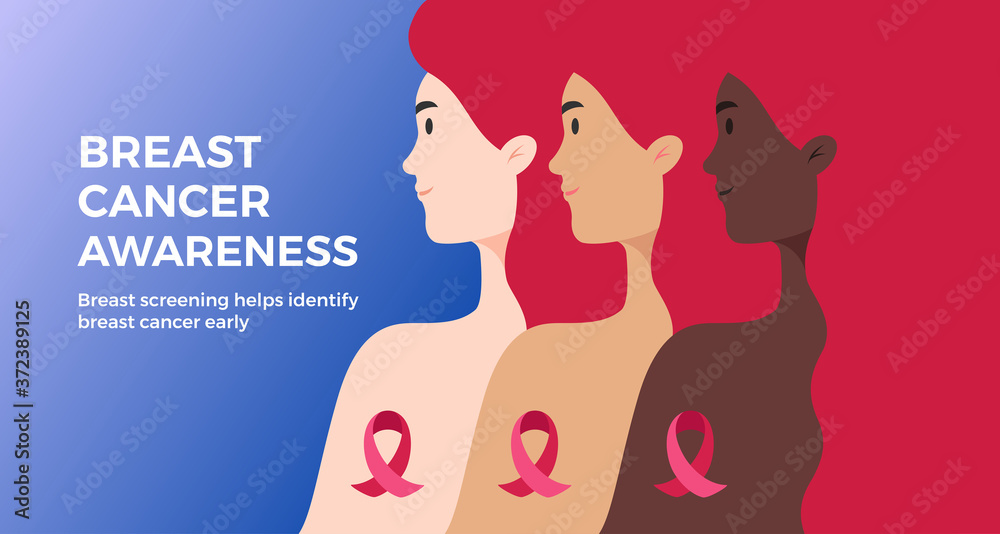Hope Breast Cancer Awareness background with text. Women of different nationalities and skin color together for breast cancer prevention. Pink, blue background. Vector graphic, banner Hope Breast Cancer Awareness background with text. Women of different nationalities and skin color together for breast cancer prevention. Pink, blue background. Vector graphic, banner