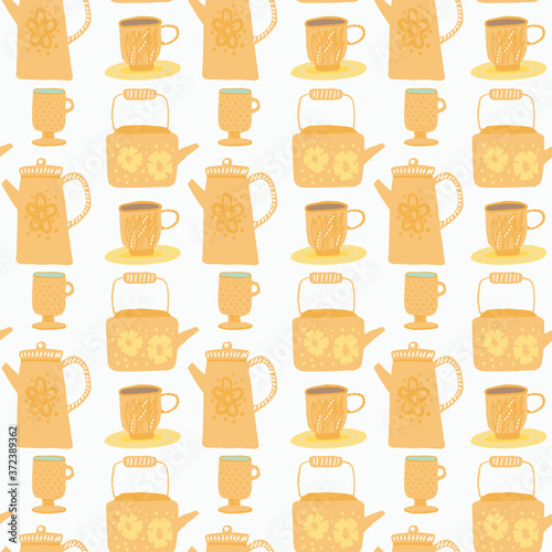 Isolated seamless summer teapot pattern. Kettle elements in bright orange color on white background.