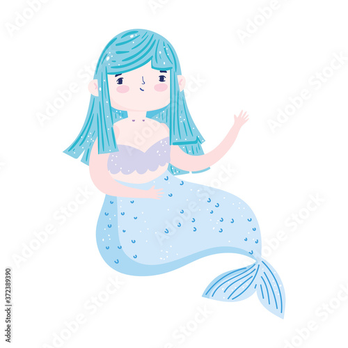 mermaid princess blue hair character cartoon isolated icon design white background