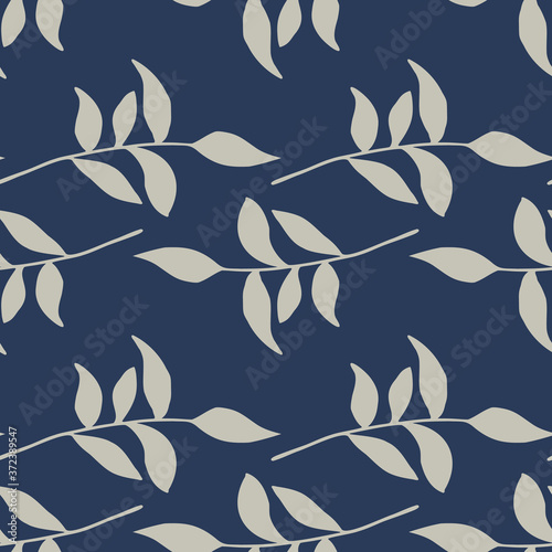 Contrast seamless botanic pattern with leaves branches ornament. Navy blue background. Grey color foliage.