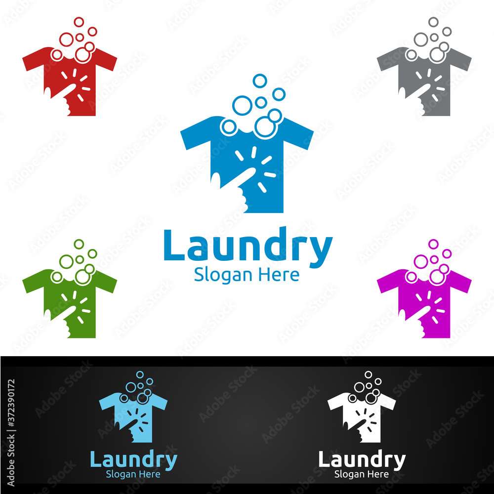 Laundry Dry Cleaners Logo with Clothes, Water and Washing Concept Laundry Dry Cleaners Logo with Clothes, Water and Washing Concept
