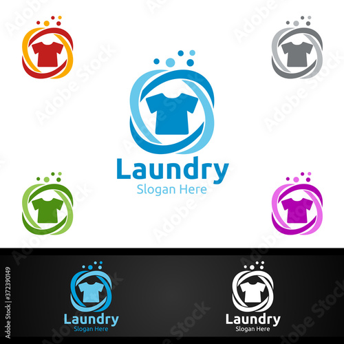 Laundry Dry Cleaners Logo with Clothes, Water and Washing Concept