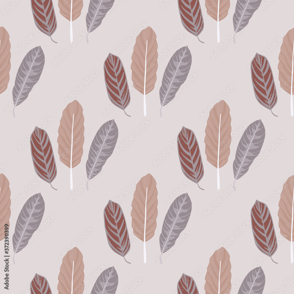 Pale seamless minimalistic pattern with leaves ornament. Light beige, brown and purple elements on pastel tone background. Pale seamless minimalistic pattern with leaves ornament. Light beige, brown and purple elements on pastel tone background.