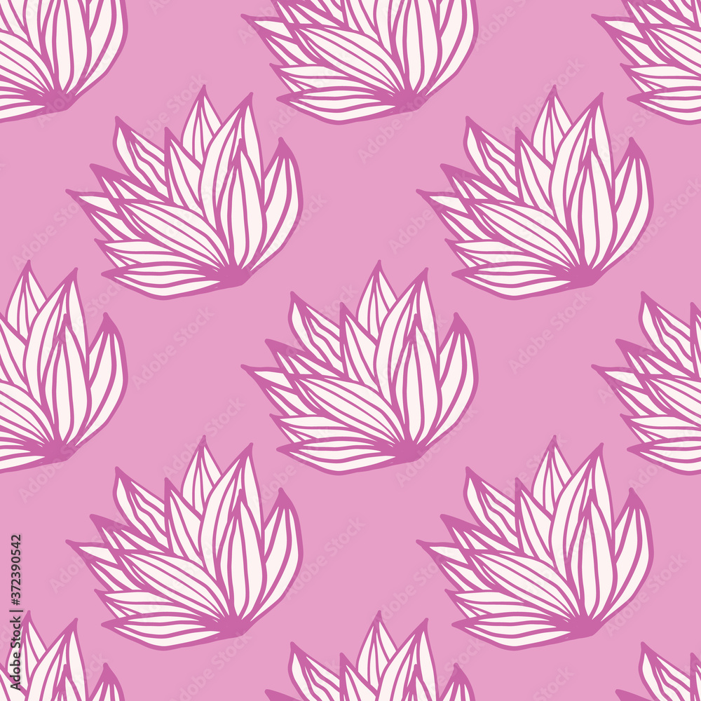 Spring hand drawn seamless pattern with foliage bush. Light pink background with white outline leaves. Spring hand drawn seamless pattern with foliage bush. Light pink background with white outline leaves.