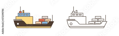 Set of colorful and monochrome cargo ships icon vector illustration in line art style. Vessels for maritime transportation isolated on white. Freight sea watercrafts with goods in containers delivery