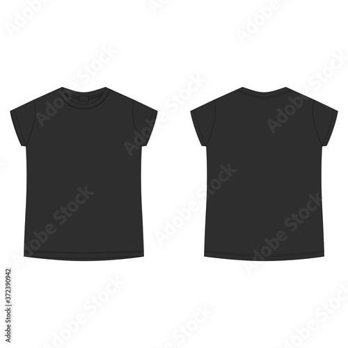 T-shirt blank template in black color. Children's technical sketch tee shirt isolated on white background. Casual kids style. Front and back.