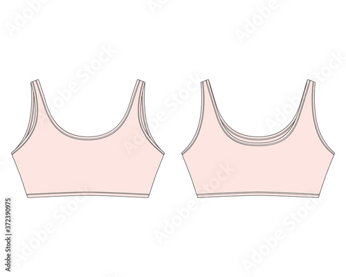 Technical sketch crop top in light pink color Sport bra isolated on white background. Yoga underwear design template.