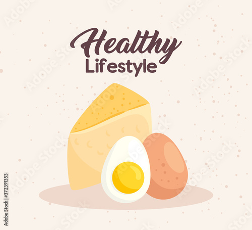 banner healthy lifestyle, cheese and eggs vector illustration design