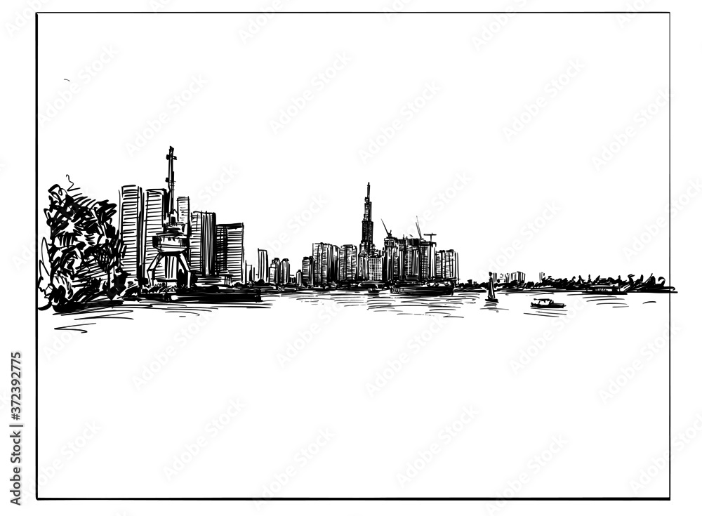 Drawing of the skyline in Ho Chi Minh city hand draw 