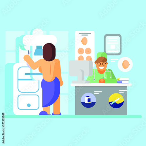 Mammography breast diagnosis and screening ,Female health care concept,
Doctor assisting patient undergoing mammogram x-ray test. prevention of breast cancer  flat vector style,vector illustration