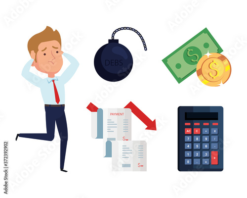 businessman and icons of bankruptcy financial crisis vector illustration design