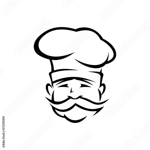 Portuguese chef outline vector illustration. European traditional cuisine cook contour character isolated on white background. Chef with mustache and hat. Restaurant, bakery logo idea