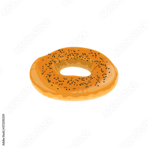 Bagel roll with poppy isolated bread. Vector round pastry, baked food with seeds