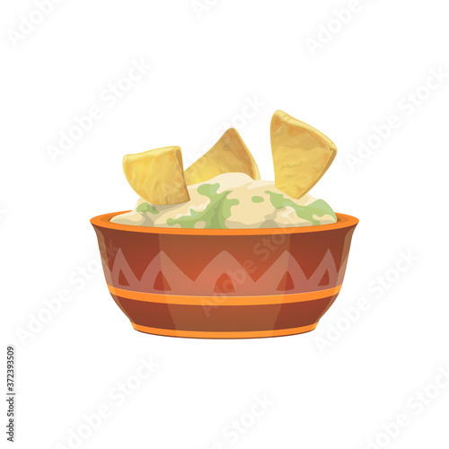 Tex-Mex dish totopos nachos with cheese sauce and parsley greens in bowl plate isolated. Vector heated tortilla chips or totopos with melted cheese. Triangle mexican food, fastfood takeaway snack