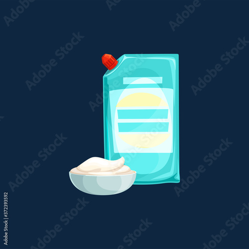 Plastic pouch stand up bag with cover, bowl of sour cream isolated realistic icon. Vector doy-pack with corner batcher lid. Spouted pouch with mayonaise, sauce or baby food, dairy organic food plate