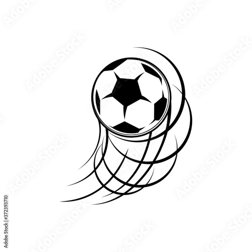 Soccerball on speed, championship or tournament, sport club symbol isolated monochrome icon. Vector sport equipment, soccer ball in move leaving trace, kick shoot sign. Football soccer tournament icon